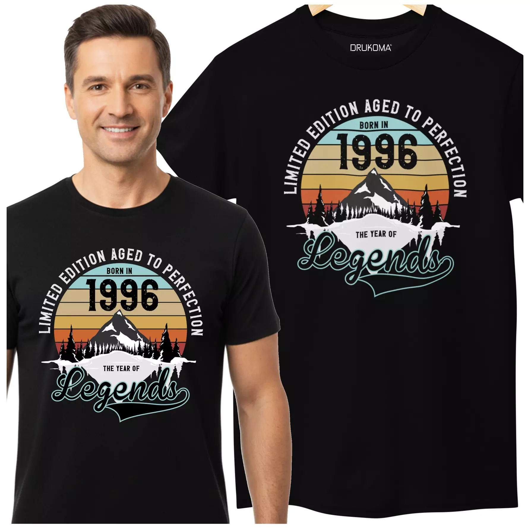 Koszulka na urodziny na 30 trzydziestkę z napisem: "LIMITED EDITION AGED TO PERFECTION BORN IN 1996 THE YEAR OF LEGENDS"