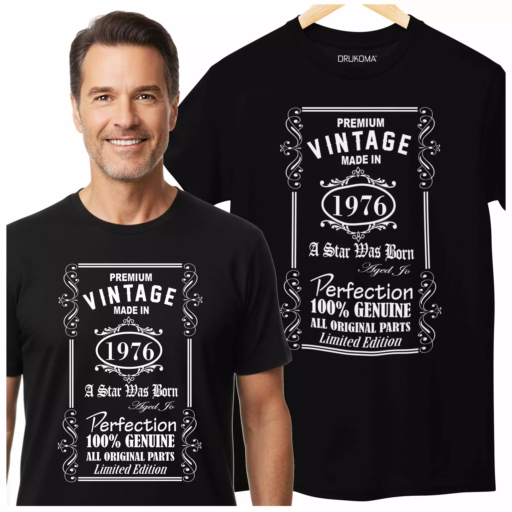 Koszulka na 50 pięćdziesiąte urodziny z napisem: "Premium vintage made in 1976 a star was born aged to perfection 100% genuine all original parts limited edition"