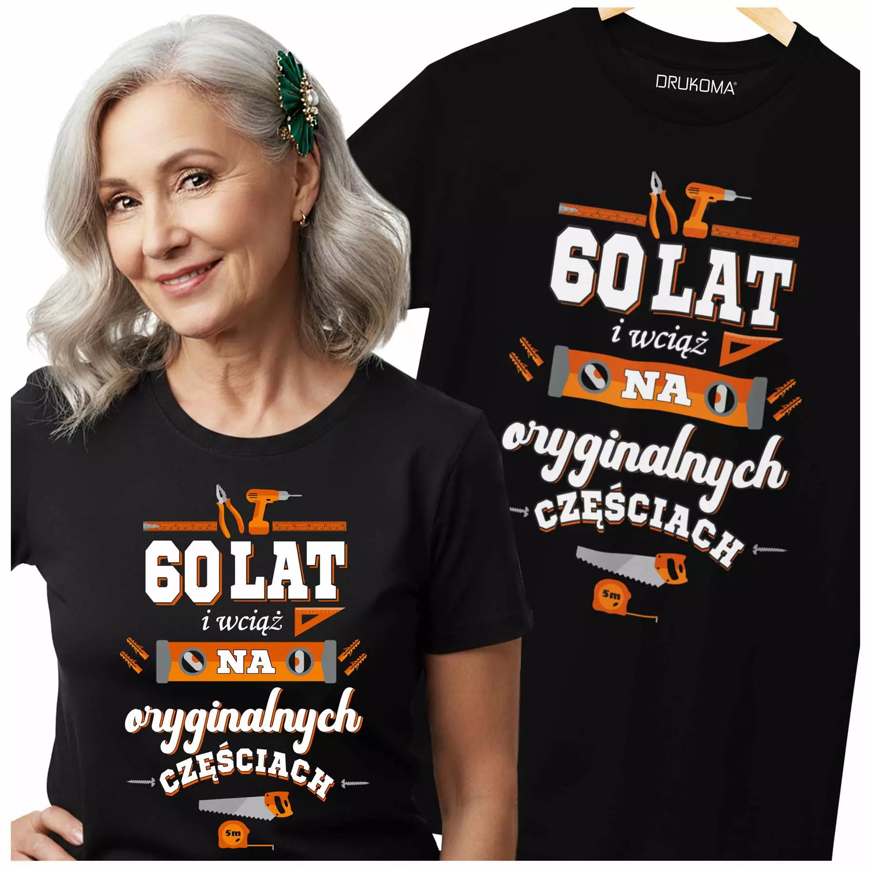 KOSZULKA DLA KOBIETY NA 60 URODZINY z napisem: "60 LAT I WCIĄŻ NA ORYGINALNYCH CZĘŚCIACH".
