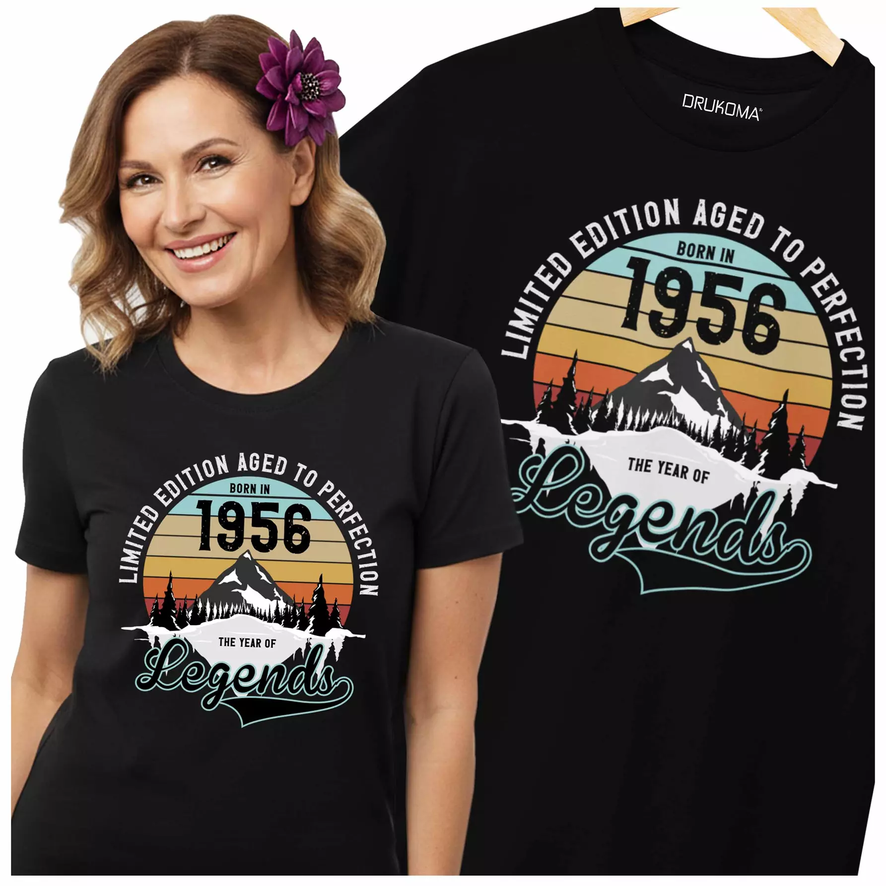 Koszulka damska na 70 urodziny na siedemdziesiątkę z napisem: "LIMITED EDITION AGED TO PERFECTION BORN IN 1956 THE YEAR OF LEGENDS".