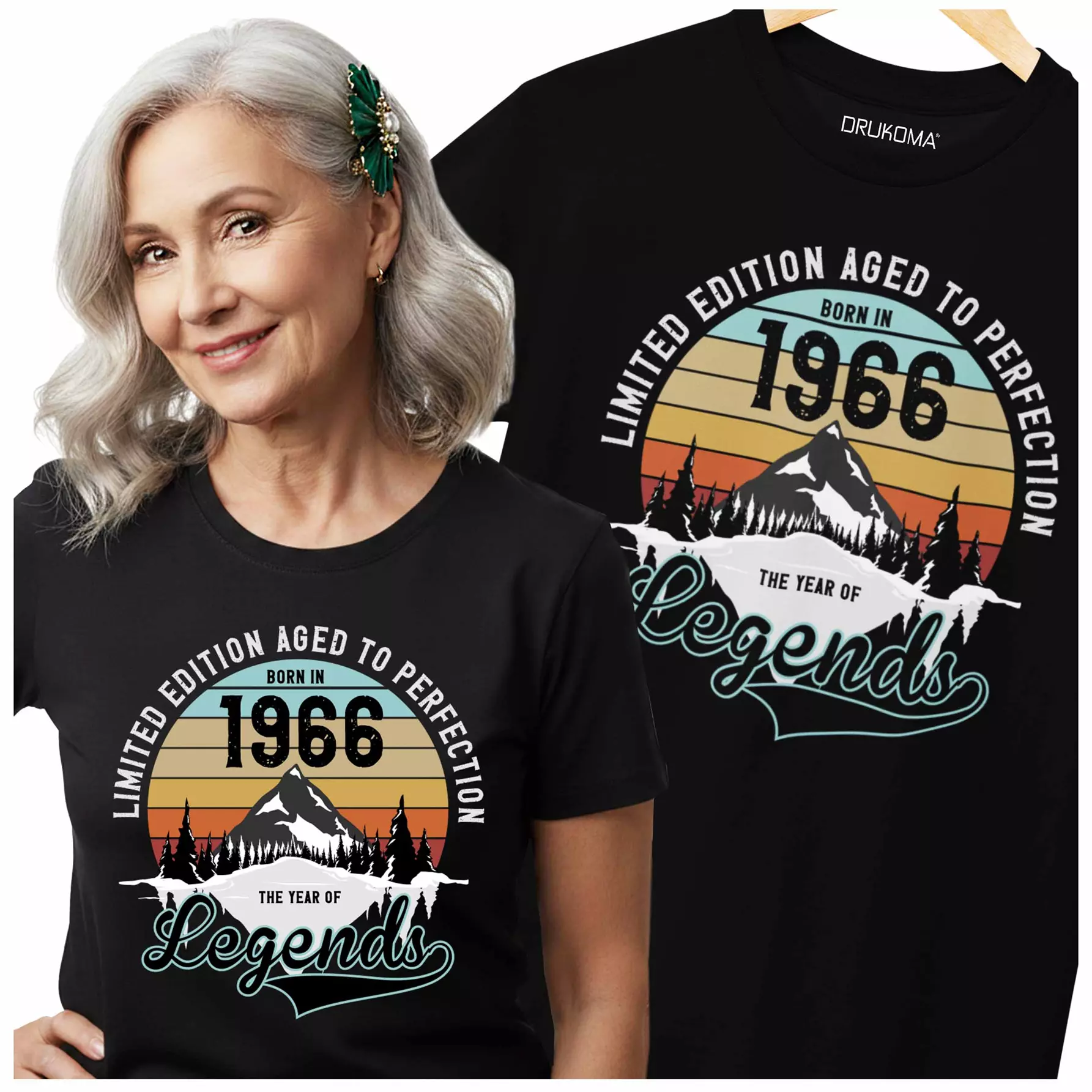 Koszulka damska dla kobiety na 60 urodziny z napisem: "LIMITED EDITION AGED TO PERFECTION BORN IN 1966 THE YEAR OF LEGENDS"