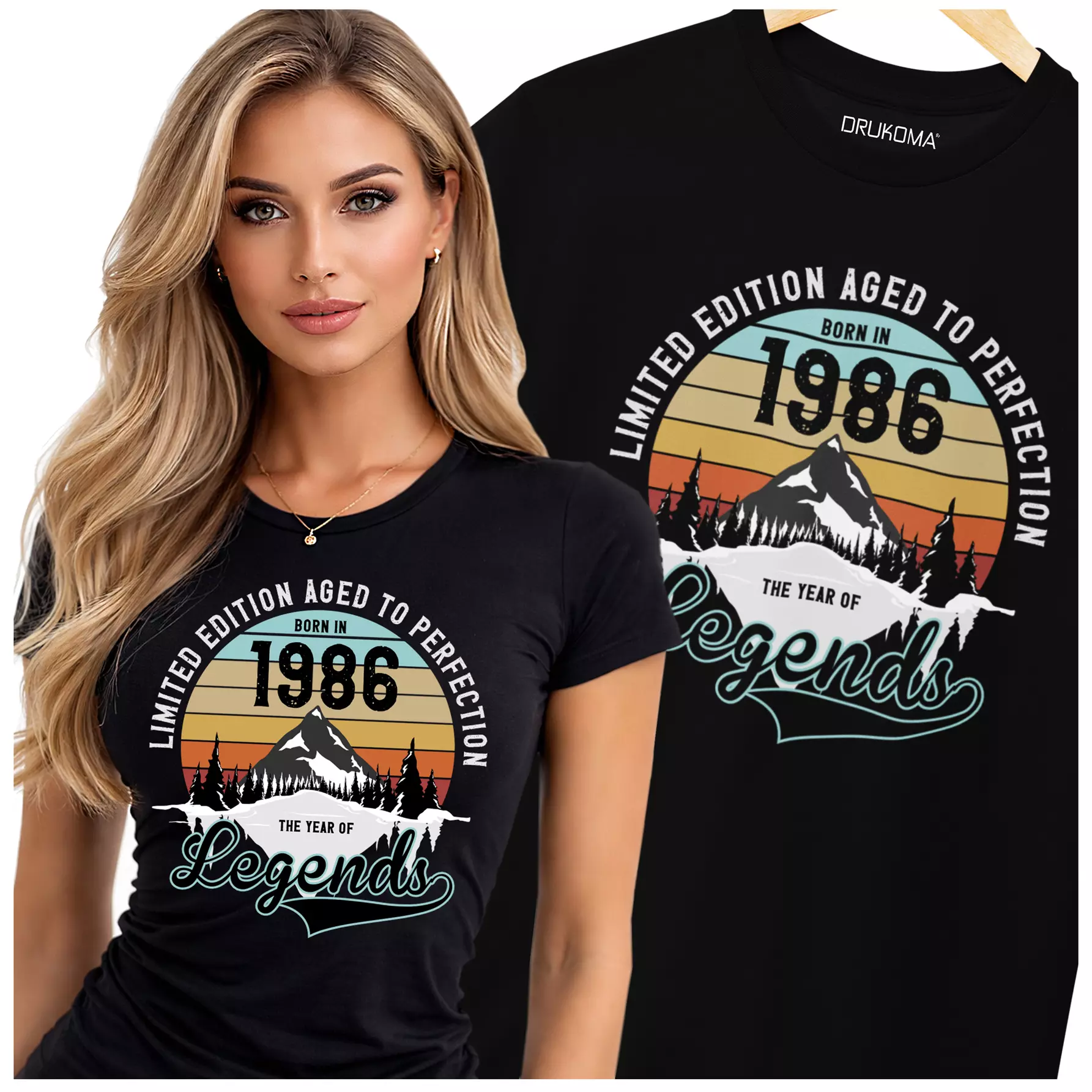 Koszulka damska na 40 urodziny na czterdziestkę z napisem: "LIMITED EDITION AGED TO PERFECTION BORN IN 1986 THE YEAR OF LEGENDS"