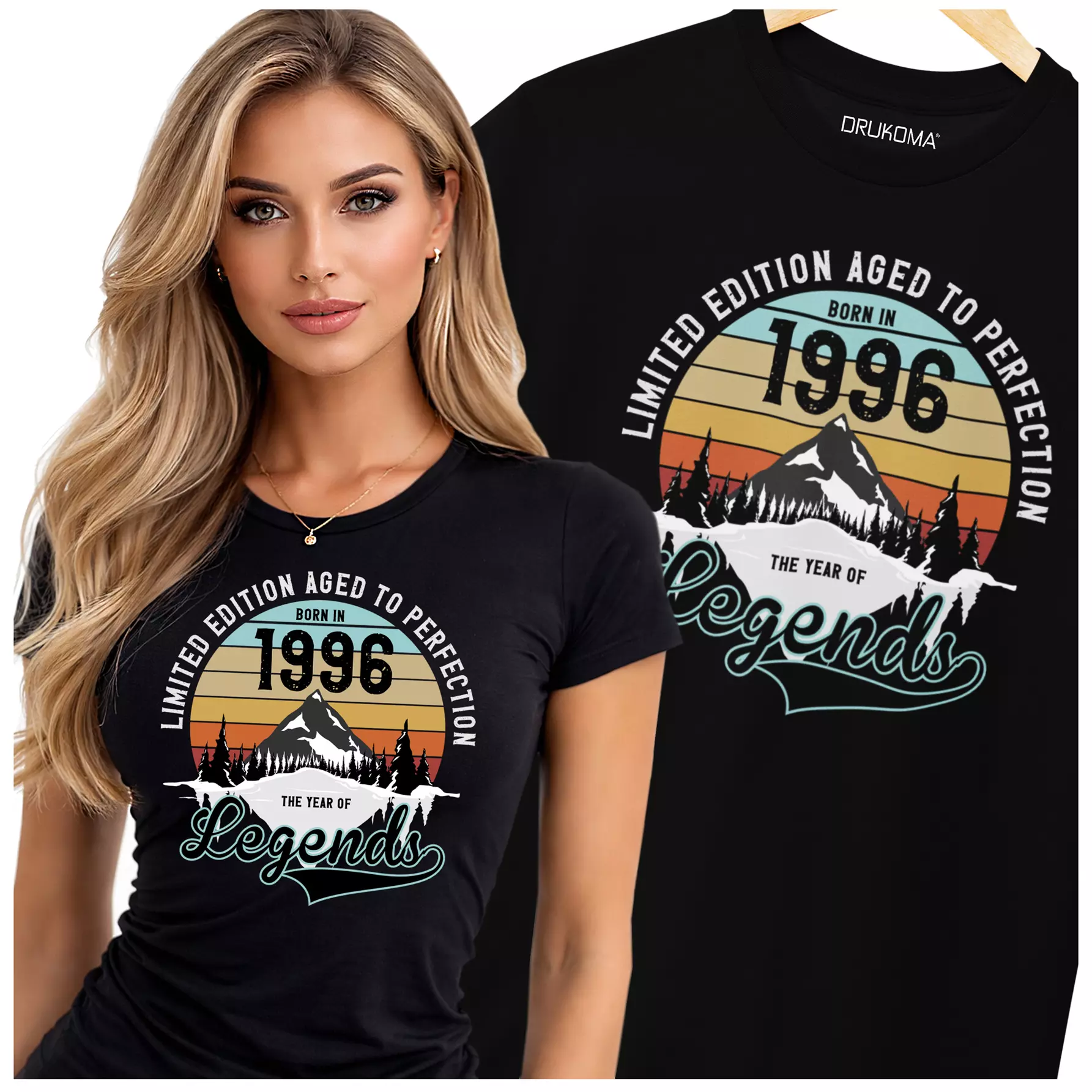 Koszulka damska na 30 urodziny na trzydziestkę z napisem: "LIMITED EDITION AGED TO PERFECTION BORN IN 1996 THE YEAR OF LEGENDS"