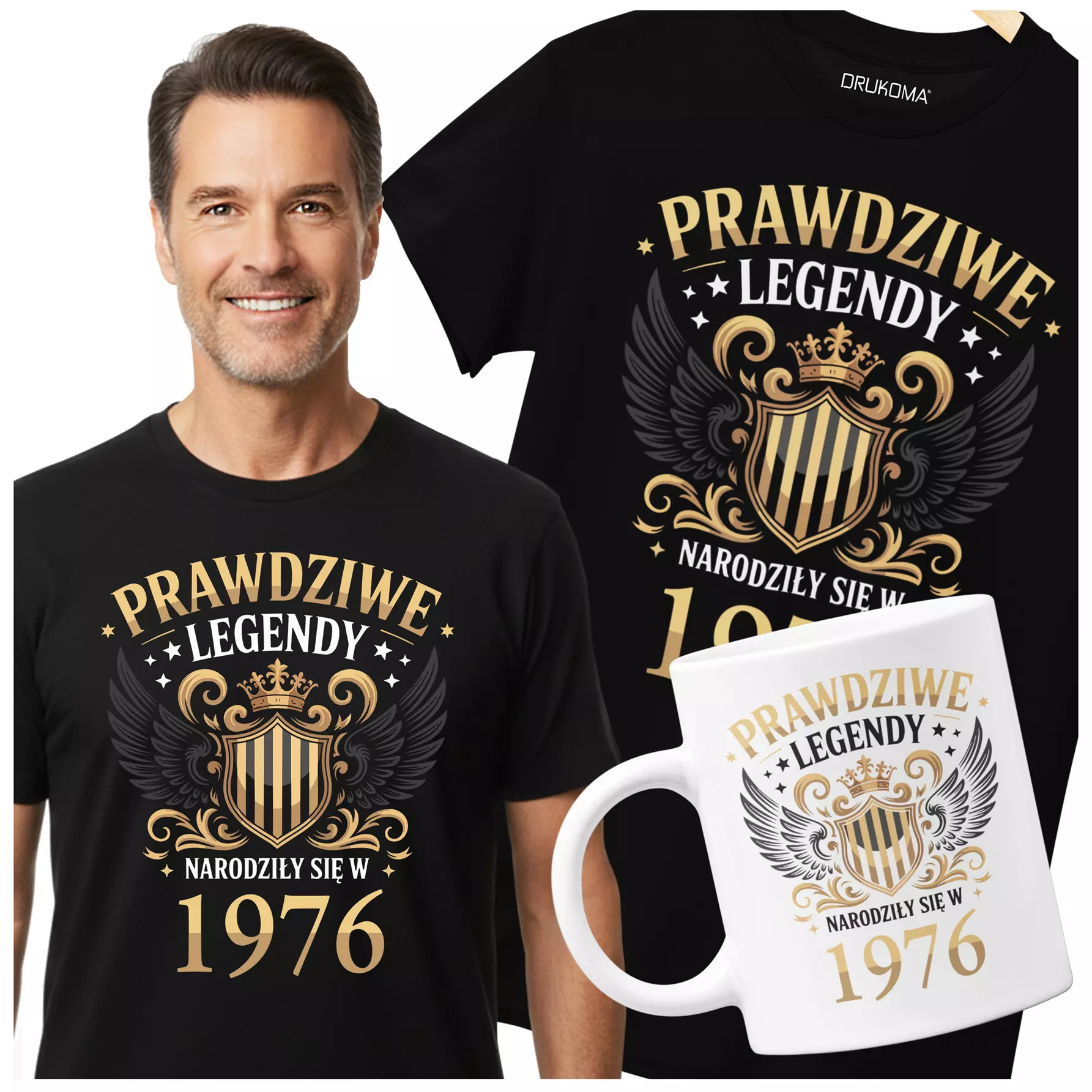 Koszulka z kubkiem na urodziny na 50 PIĘĆDZIESIĄTKĘ z napisem: "PRAWDZIWE LEGENDY NARODZIŁY SIĘ W 1976"