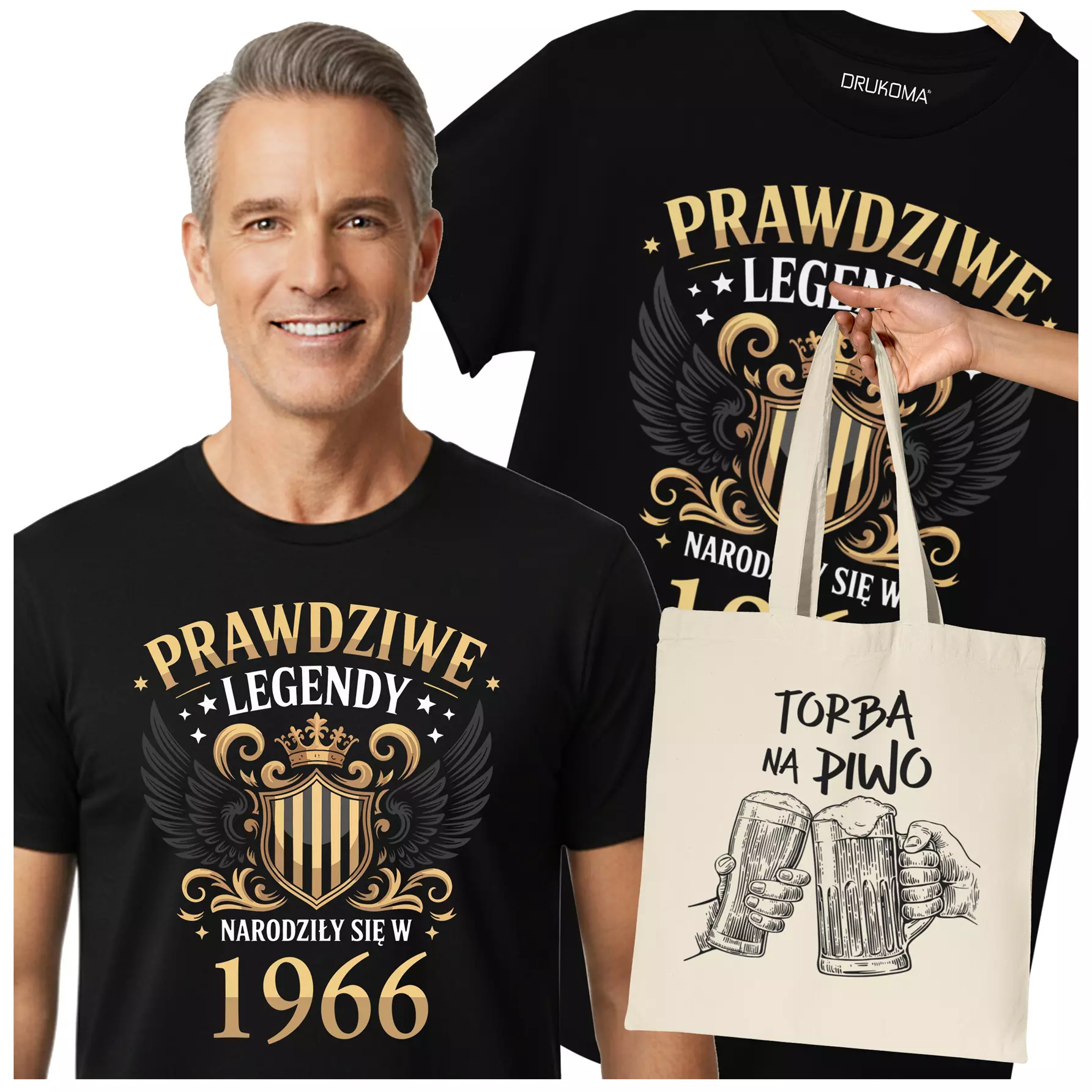 Koszulka z torbą na 60 lat urodziny sześćdziesiąte urodziny z napisem: "PRAWDZIWE LEGENDY NARODZIŁY SIĘ W 1966"