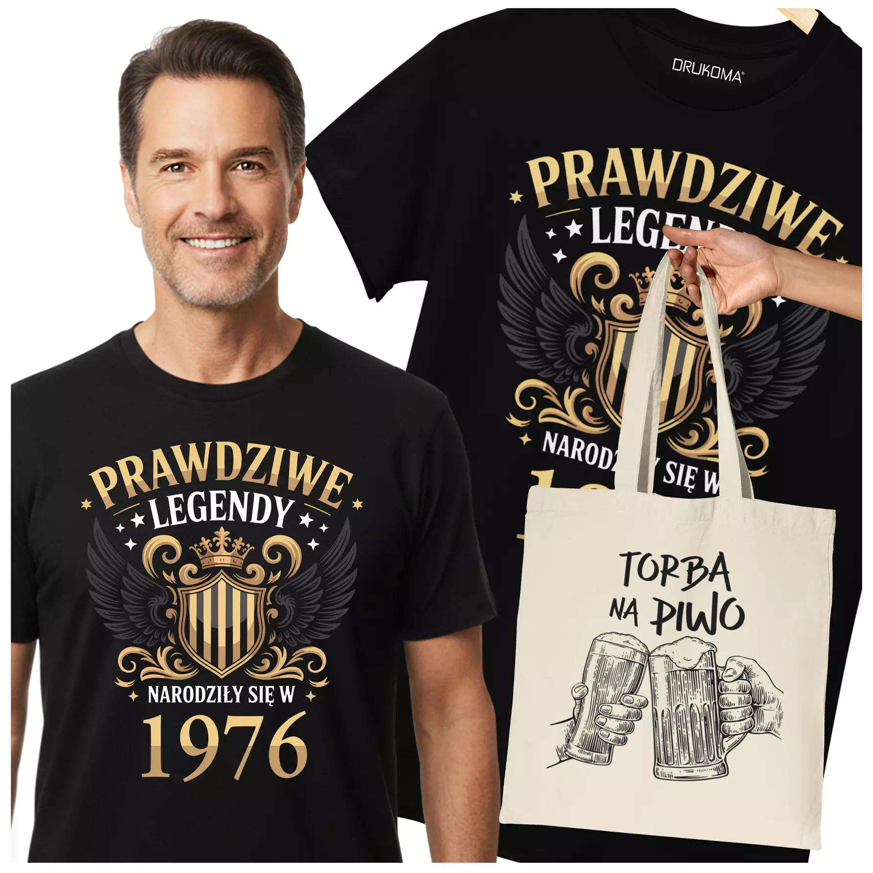 Koszulka z torbą na urodziny na 50 PIĘĆDZIESIĄTKĘ z napisem: "PRAWDZIWE LEGENDY NARODZIŁY SIĘ W 1976"