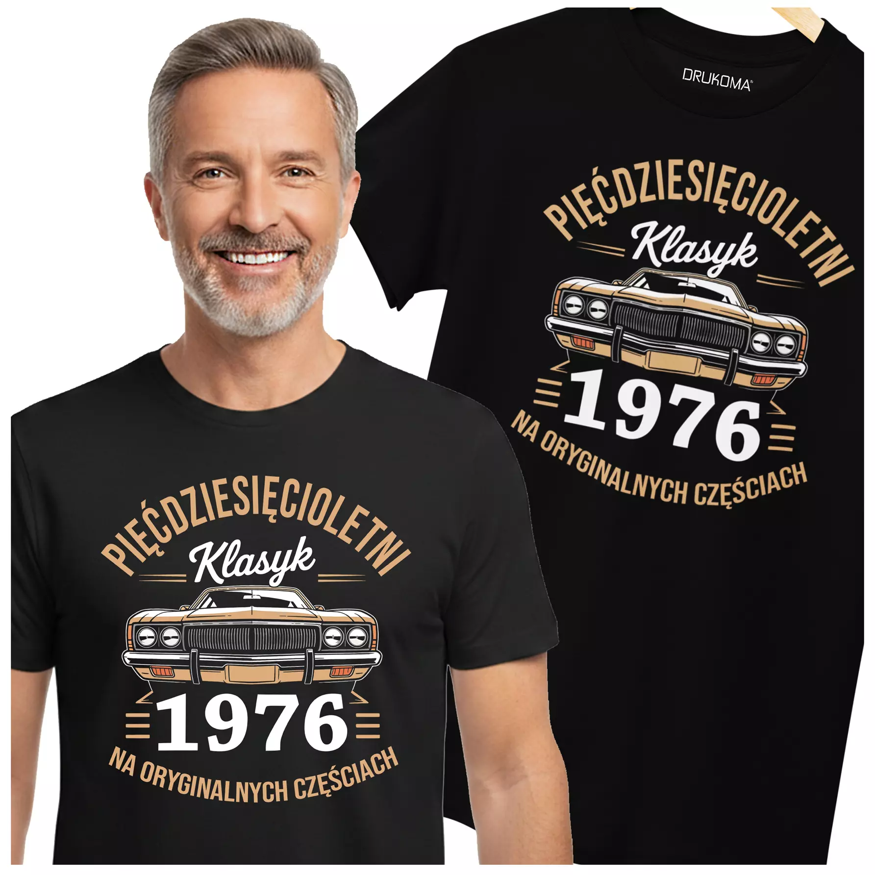 Koszulka na urodziny na 50 PIĘĆDZIESIĄTKĘ z napisem: "PIĘĆDZISIĘCIOLETNI KLASYK 1976 NA ORYGINALNYCH CZĘŚCIACH" 