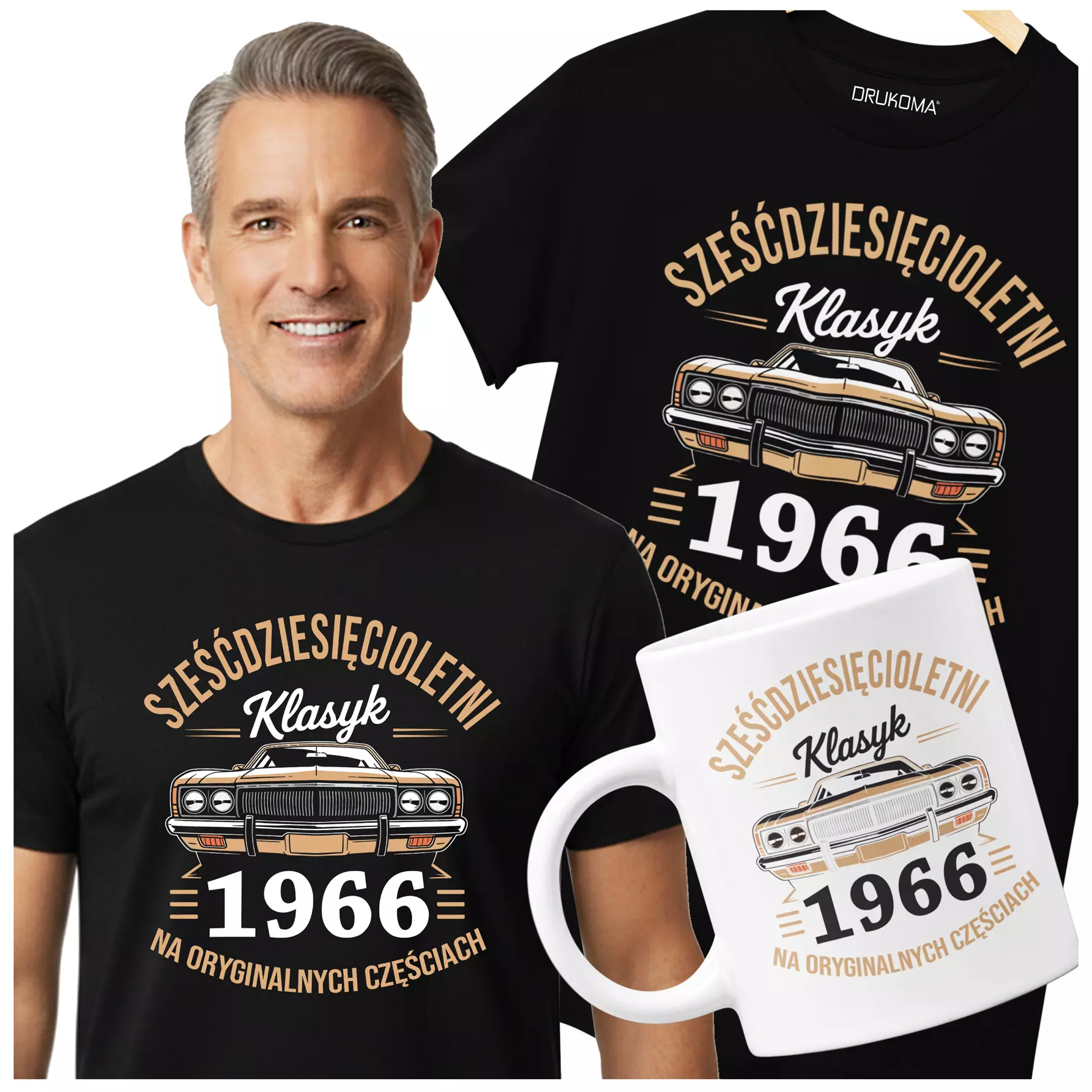 Koszulka z kubkiem na 60 lat urodziny sześćdziesiąte urodziny z napisem: "SZEŚĆDZIESIĘCIOLETNI KLASYK 1966 NA ORYGINALNYCH CZĘŚCIACH"