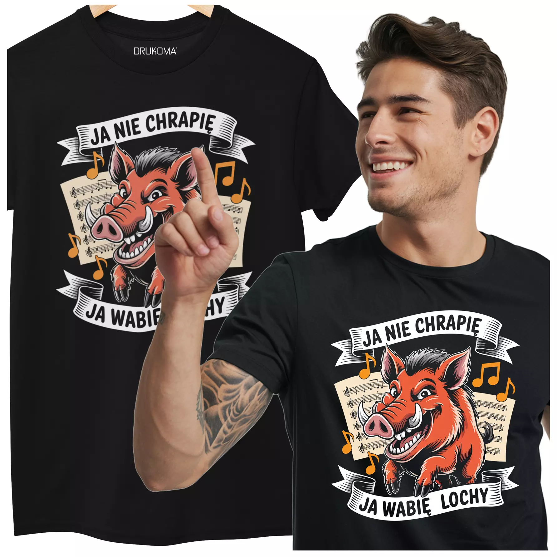 KOSZULKA ZABAWNA NA KAŻDĄ OKAZJE Z NAPISEM:  "JA NIE CHRAPIĘ JA WABIĘ LOCHY". 