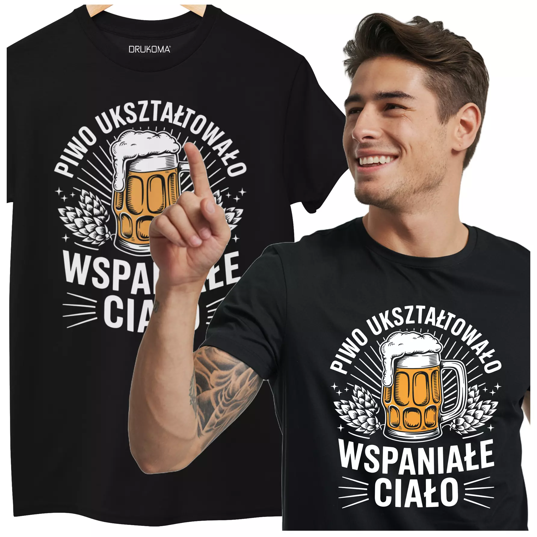 KOSZULKA ZABAWNA NA KAŻDĄ OKAZJE Z NAPISEM: "PIWO UKSZTAŁTOWAŁO WSPANIAŁE CIAŁO".